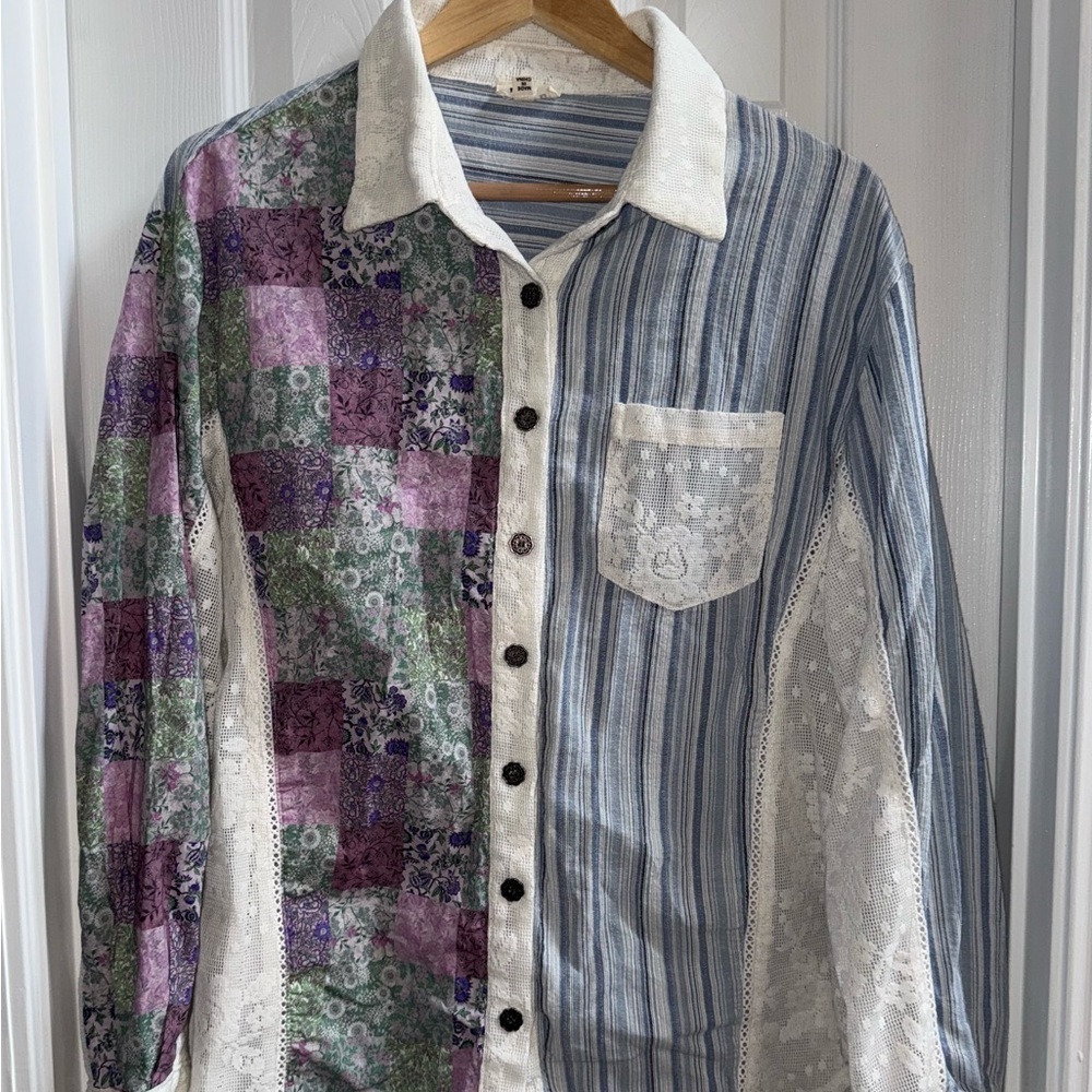 Pol Lace Patchwork Floral Long Sleeve Shirt Sz M Cotton Multi Boho Flowy Spring